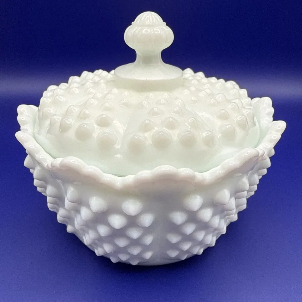 Vintage Fenton White Hobnail Milk Glass Candy Dish w/ Handle and Lid Grandma